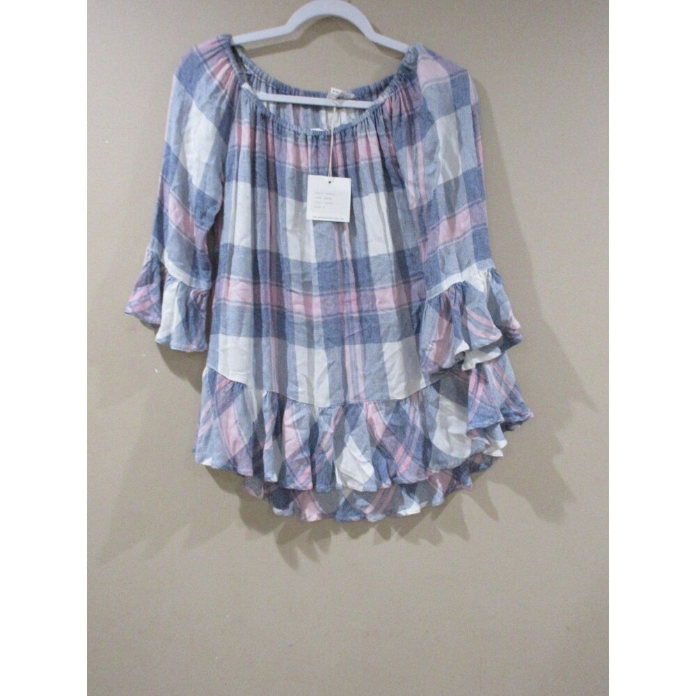 NWT Beachlunchlounge Blouse Women Small/Petite Plaid Blouson Sorbet Pink/Blue